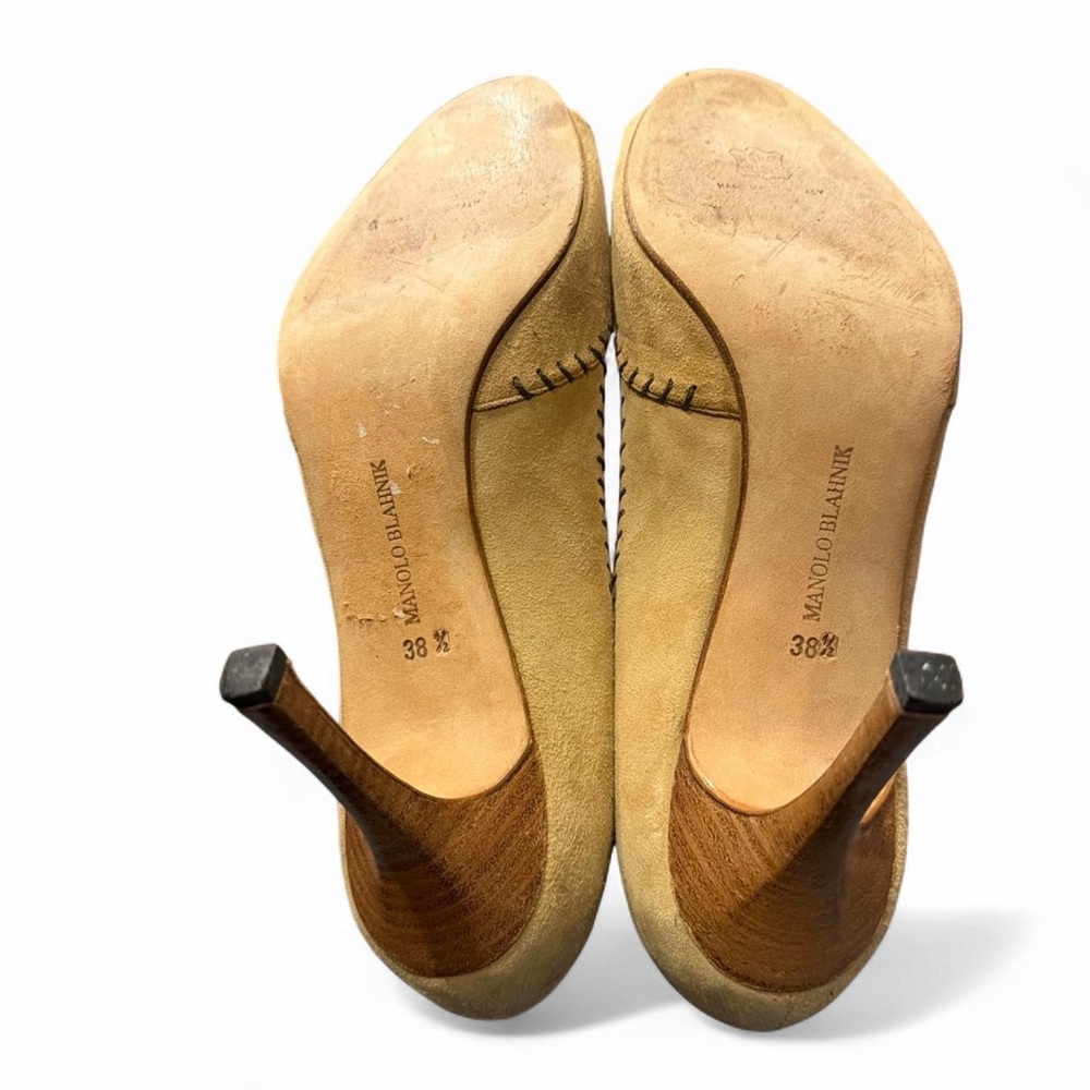 Vintage Manolo Blahnik Suede Peep Toe High Heels Camel 38.5 - Picture 8 of 12